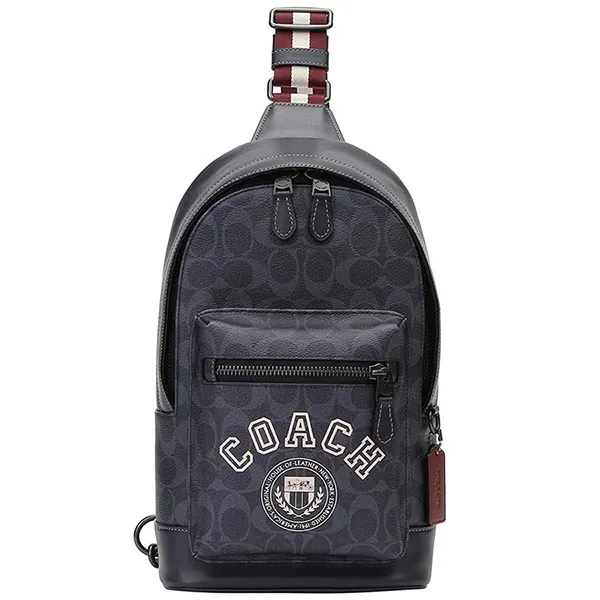Túi Đeo Chéo Nam Coach West Pack In Signature Canvas With Varsity Motif Màu Đen