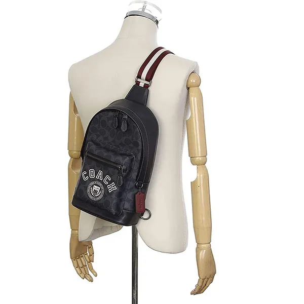 Túi Đeo Chéo Nam Coach West Pack In Signature Canvas With Varsity Motif Màu Đen