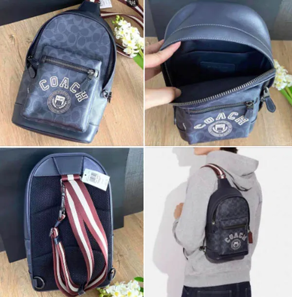Túi Đeo Chéo Nam Coach West Pack In Signature Canvas With Varsity Motif Màu Đen