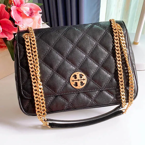 Túi Đeo Chéo Tory Burch 87862 Black With Gold Hardware Large Padded Leather Willa Shoulder Màu Đen