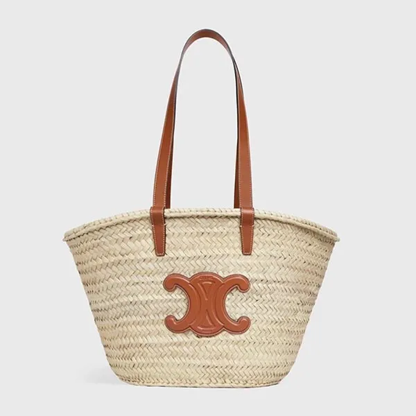 Túi Đeo Vai Celine Cói Medium Triomphe Celine Classic Panier In Palm Leaves And Calfskin Màu Kem Nâu Size 26 - Túi xách - Vua Hàng Hiệu