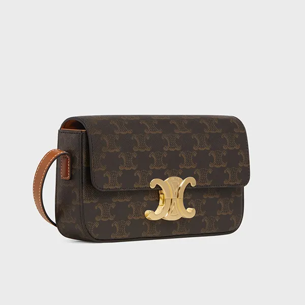 Túi Đeo Vai Celine Triomphe Shoulder Bag In Triomphe Canvas And Calfskintan Màu Nâu
