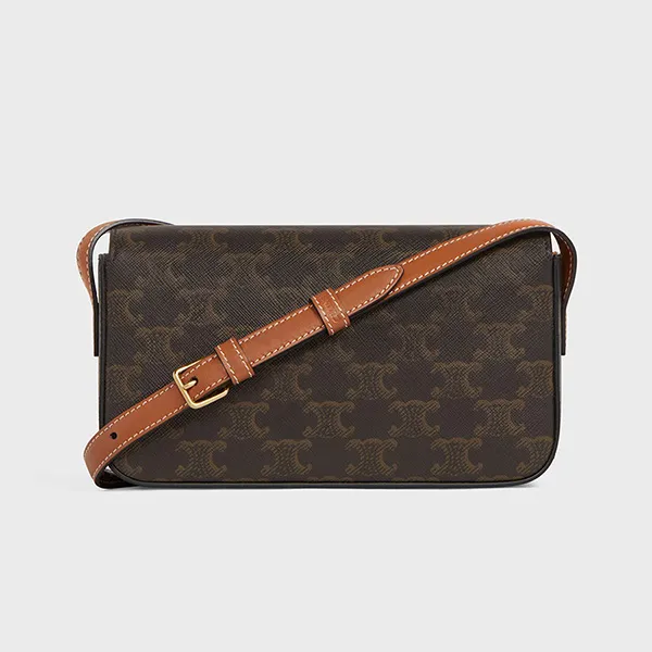 Túi Đeo Vai Celine Triomphe Shoulder Bag In Triomphe Canvas And Calfskintan Màu Nâu