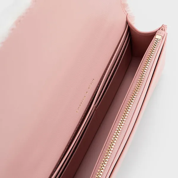 Túi Đeo Vai Nữ Charles & Keith CNK Paffuto Chain Handle Furry Long Wallet - Light Pink CK6-10681031-2 Màu Hồng