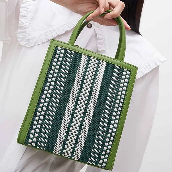 Túi Tote Nữ Charles & Keith CNK Woven Double Handle Tote Bag - Lime 30781803-2 Màu Xanh Trắng
