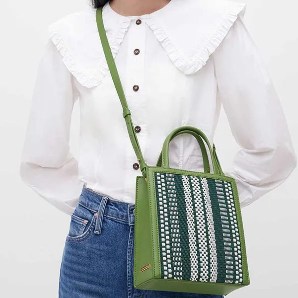 Túi Tote Nữ Charles & Keith CNK Woven Double Handle Tote Bag - Lime 30781803-2 Màu Xanh Trắng