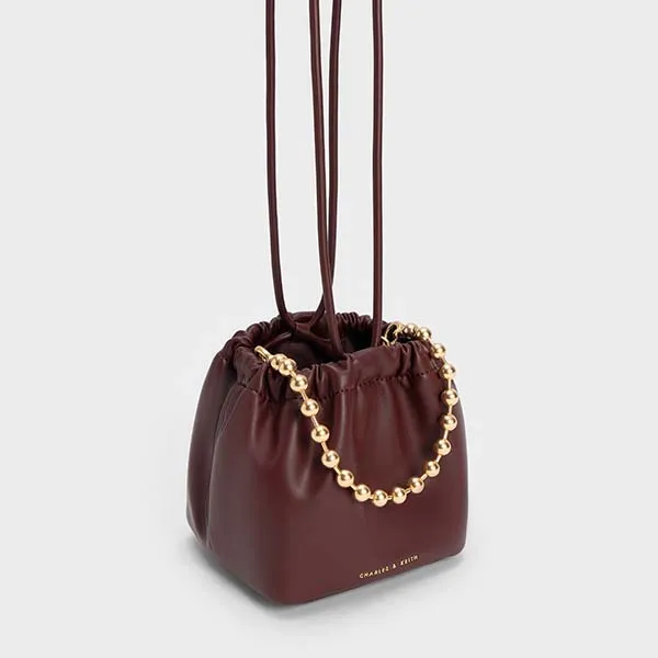 Túi Xách Nữ Charles Keith CNK Aldora Beaded Handle Bucket Bag 10781947 Màu Nâu Chocolate