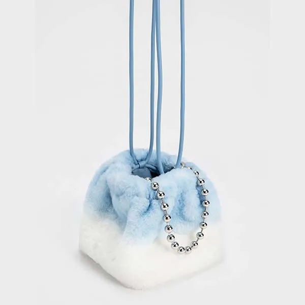 Túi Xách Nữ Charles & Keith CNK Aldora Beaded Handle Furry Bucket Bag Light Blue 10781947 Màu Xanh Trắng