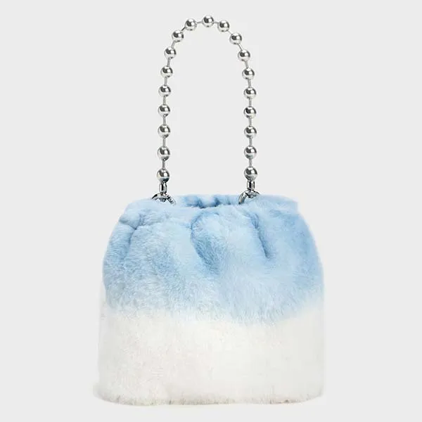 Túi Xách Nữ Charles & Keith CNK Aldora Beaded Handle Furry Bucket Bag Light Blue 10781947 Màu Xanh Trắng