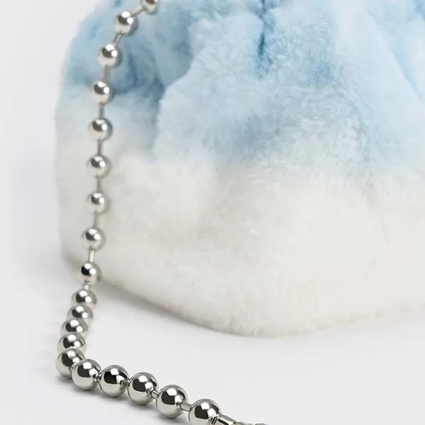 Túi Xách Nữ Charles & Keith CNK Aldora Beaded Handle Furry Bucket Bag Light Blue 10781947 Màu Xanh Trắng