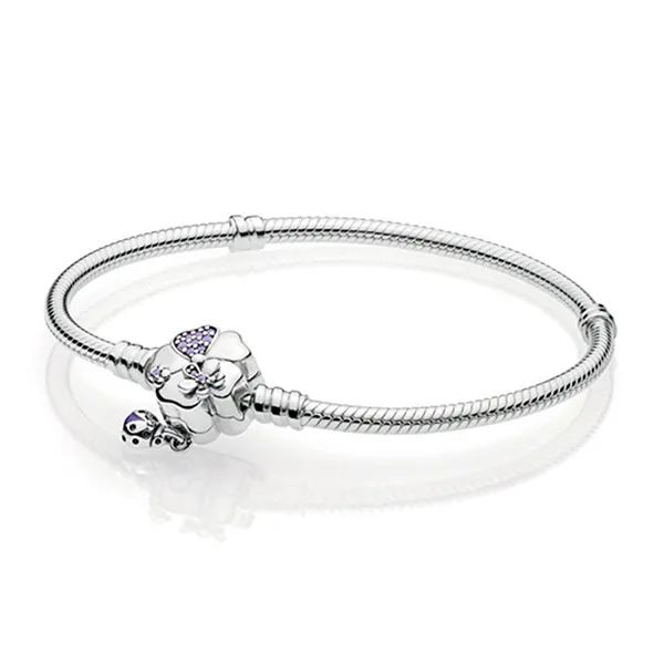 Vòng Đeo Tay Pandora Moments Pavé Flower Clasp Snake Chain Bracelet 597124NLC Màu Bạc Size 16