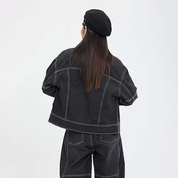 Áo Khoác Bò Romantic Crown Wide Denim Jacket Màu Đen