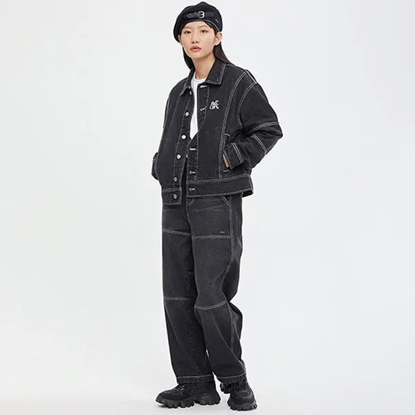 Áo Khoác Bò Romantic Crown Wide Denim Jacket Màu Đen