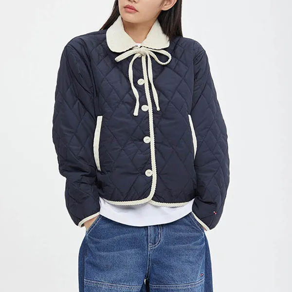Áo Khoác Phao Romantic Crown Ribbon Tie Jacket Màu Xanh Navy Size S