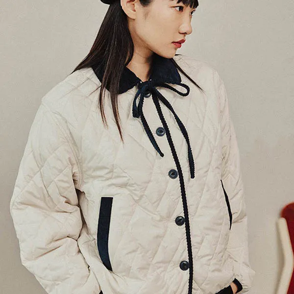 Áo Khoác Phao Romantic Crown Ribbon Tie Jacket Oatmeal Màu Trắng