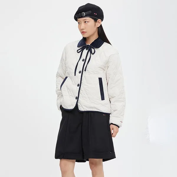 Áo Khoác Phao Romantic Crown Ribbon Tie Jacket Oatmeal Màu Trắng