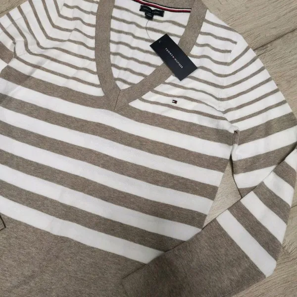 Áo Len Nữ Tommy Hilfiger Women's Striped V-Neck Sweater Màu Xám Trắng Size XS - Thời trang - Vua Hàng Hiệu