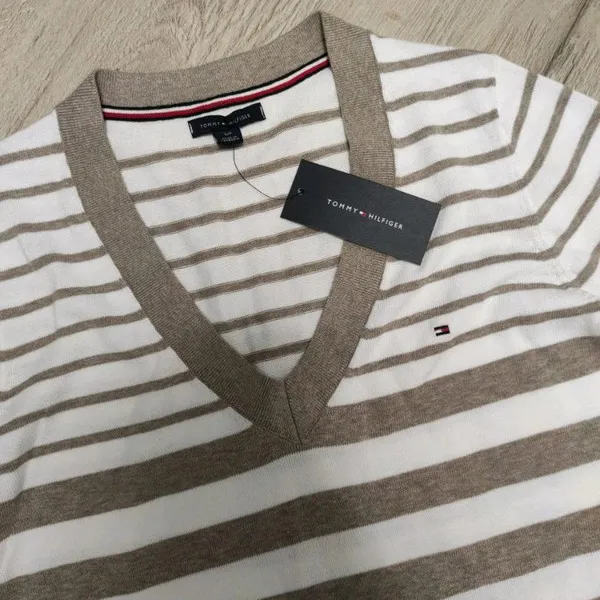 Áo Len Nữ Tommy Hilfiger Women's Striped V-Neck Sweater Màu Xám Trắng Size XS - Thời trang - Vua Hàng Hiệu