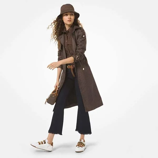 Áo Măng Tô Michael Kors MK All-Over Logo Belted Trench Coat Jh1205C3DP Màu Nâu Chocolate Size S