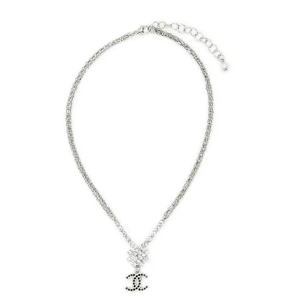 Dây Chuyền Chanel Necklace Pendant CC Mark Strass Silver Black Crystal Double Chain Màu Bạc - 4