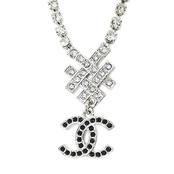 Dây Chuyền Chanel Necklace Pendant CC Mark Strass Silver Black Crystal Double Chain Màu Bạc - 3
