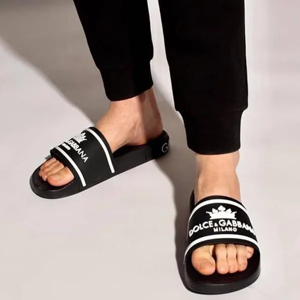 Dép Dolce & Gabbana D&G Printed Calfskin And Rubber Sliders Màu Đen Size 39