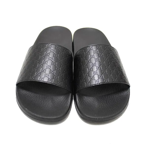Dép Gucci GG Logo Black Leather & Rubber Men's Sides Sandals Màu Đen Size 41
