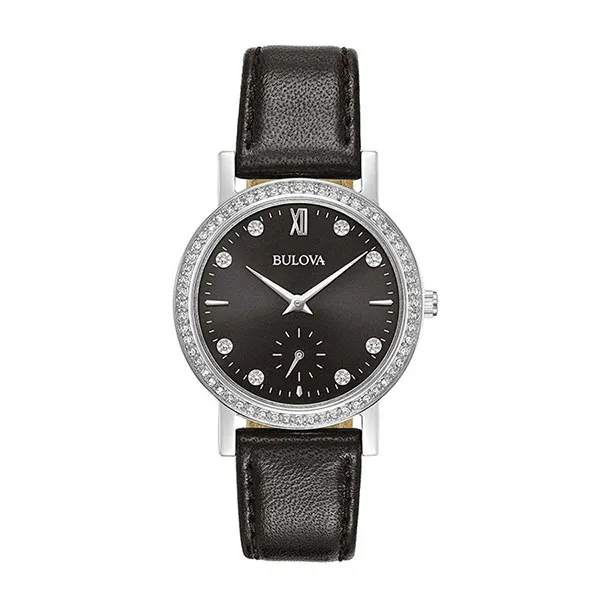 Đồng Hồ Nữ Bulova Crystal Black Leather Strap Watch 32mm Màu Đen