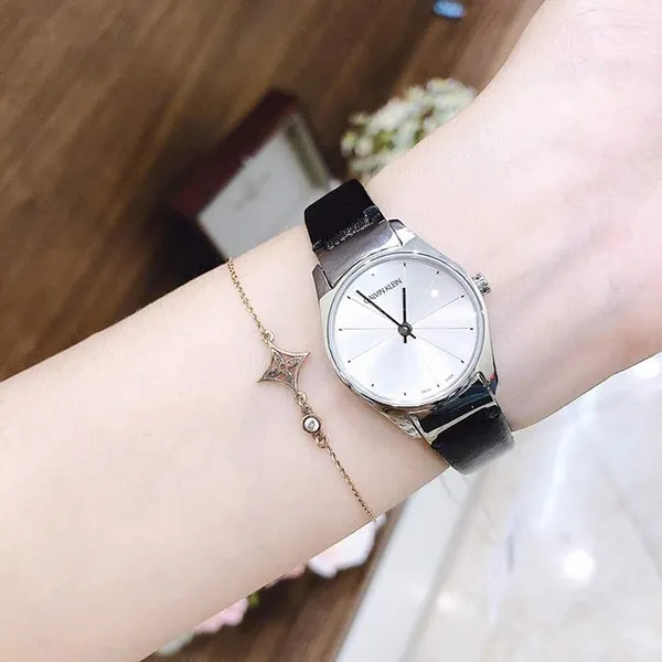Đồng Hồ Nữ Calvin Klein CK Women Classic 24mm Silver Dial Leather Watch K4D231C6 Màu Đen