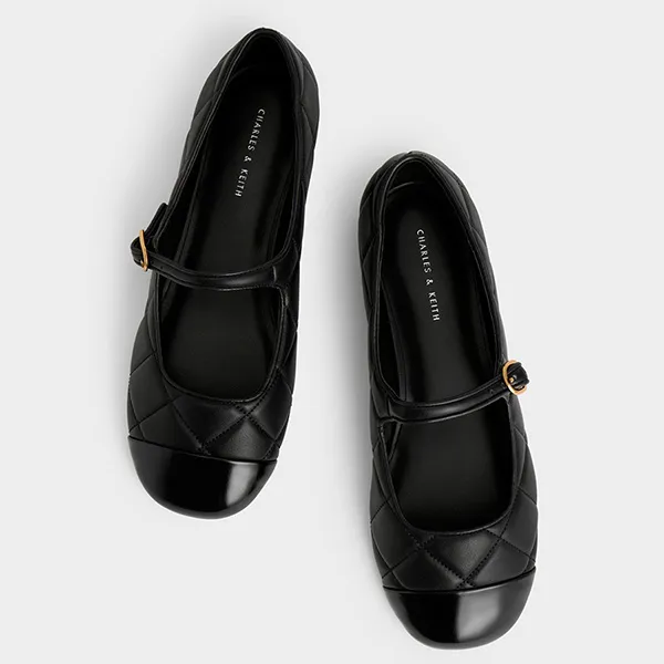 Giày Búp Bê Nữ Charles & Keith CNK Toe-Cap Quilted Mary Janes Black 70900405 Màu Đen Size 36