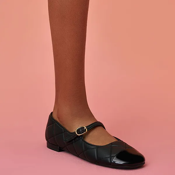 Giày Búp Bê Nữ Charles & Keith CNK Toe-Cap Quilted Mary Janes Black 70900405 Màu Đen Size 36