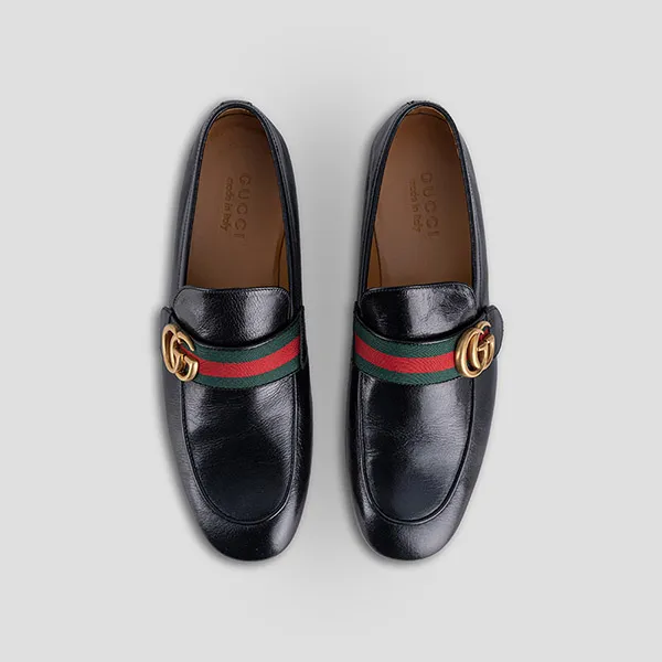 Giày Lười Gucci Leather With GG Web 428609 04W Màu Đen Size 8.5