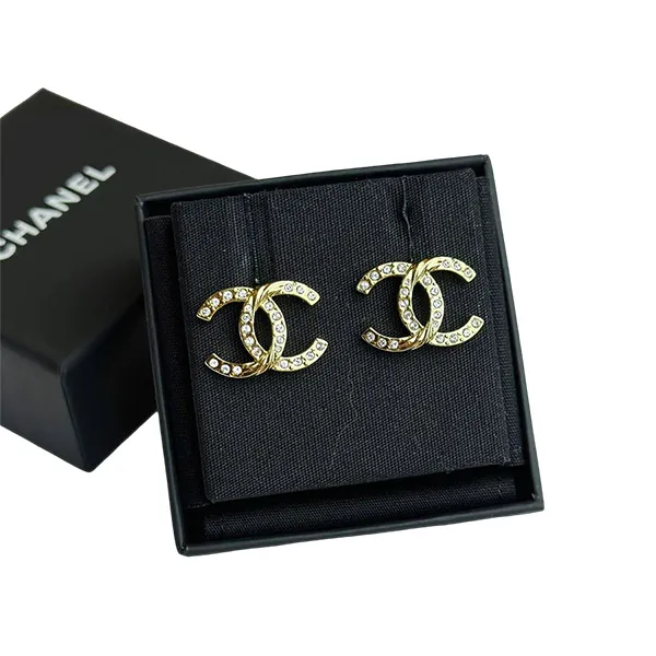 Khuyên Tai Chanel Crystal CC Stud Statement Earrings Màu Vàng