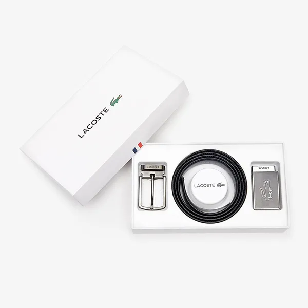 Set Thắt Lưng Lacoste Men's Reversible Leather Belt And 2 Buckles Gift Set RC4011.672 Màu Đen Size 110