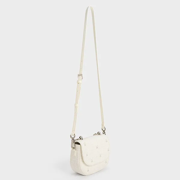 Túi Đeo Vai Nữ Charles & Keith CNK Bunny Tweed Beaded Handle Bag 50160120 Màu Trắng