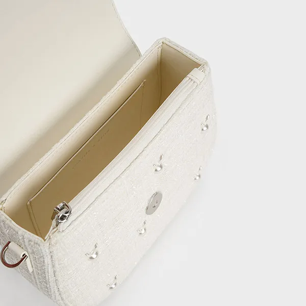 Túi Đeo Vai Nữ Charles & Keith CNK Bunny Tweed Beaded Handle Bag 50160120 Màu Trắng