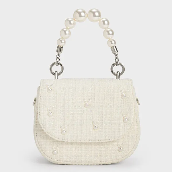 Túi Đeo Vai Nữ Charles & Keith CNK Bunny Tweed Beaded Handle Bag 50160120 Màu Trắng
