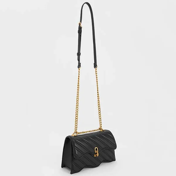 Túi Đeo Vai Nữ Charles & Keith CNK Freja Wavy Trapeze Crossbody Bag 80781952 Màu Đen