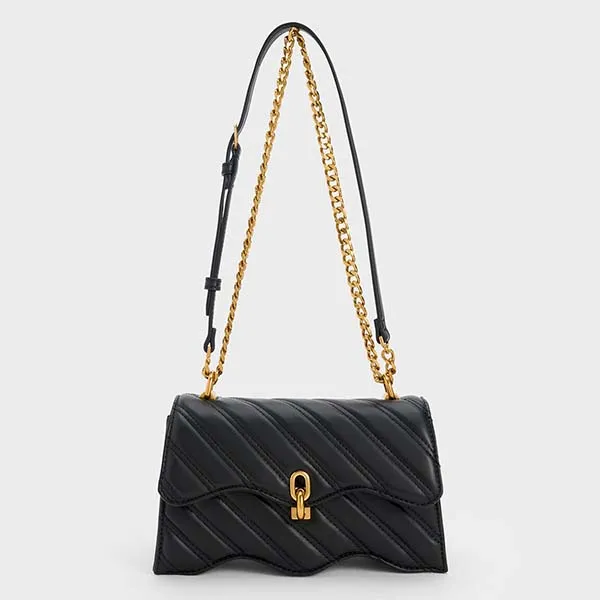 Túi Đeo Vai Nữ Charles & Keith CNK Freja Wavy Trapeze Crossbody Bag 80781952 Màu Đen