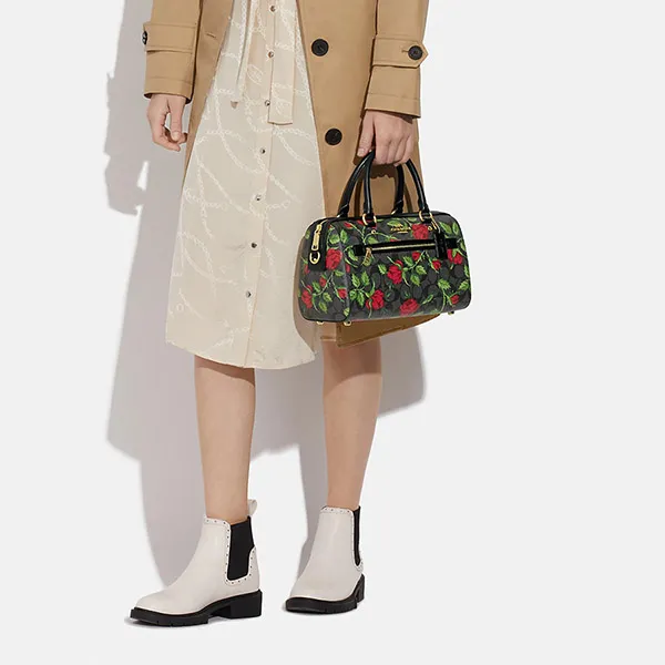 Túi Trống Coach Rowan Satchel In Signature Canvas With Fairytale Rose Print CC332 Phối Màu