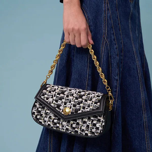Túi Xách Nữ Charles & Keith CNK Este Tweed Chain Handle Bag Black CK2-80781789 Màu Đen Trắng