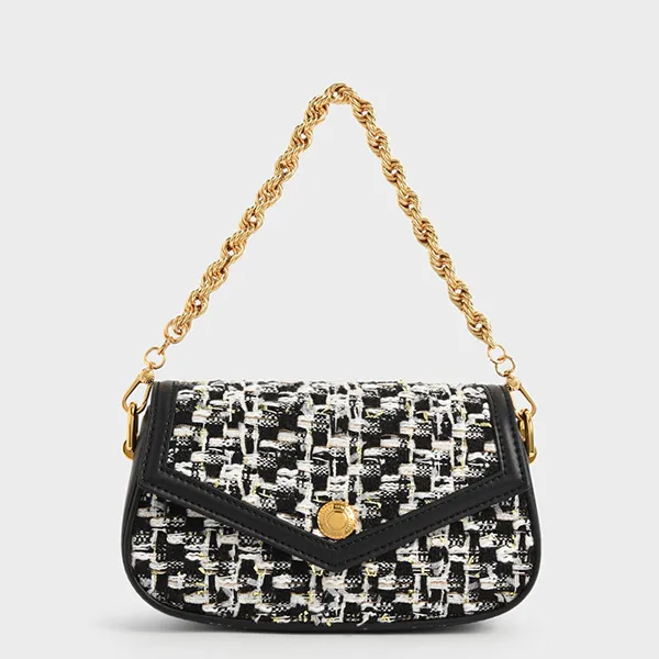 Túi Xách Nữ Charles & Keith CNK Este Tweed Chain Handle Bag Black CK2-80781789 Màu Đen Trắng
