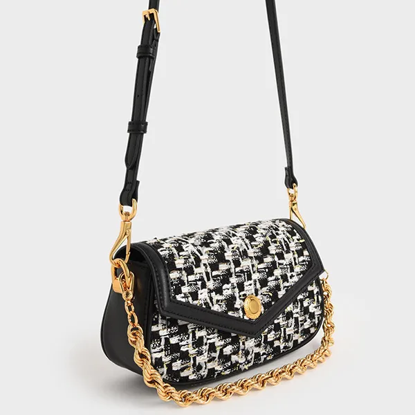 Túi Xách Nữ Charles & Keith CNK Este Tweed Chain Handle Bag Black CK2-80781789 Màu Đen Trắng