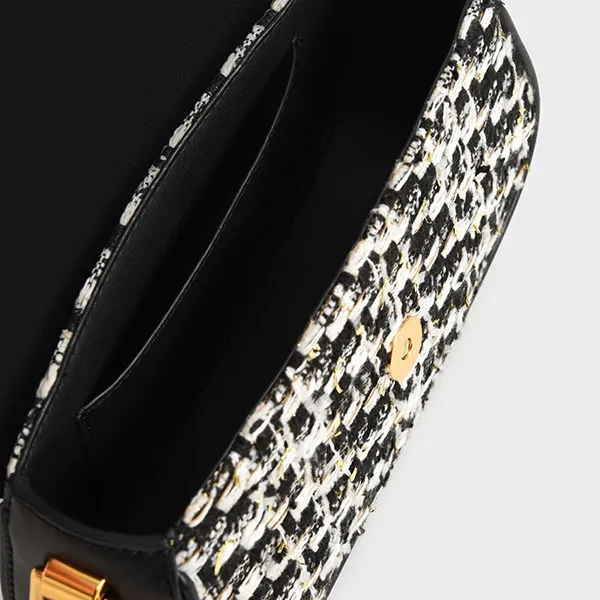 Túi Xách Nữ Charles & Keith CNK Este Tweed Chain Handle Bag Black CK2-80781789 Màu Đen Trắng