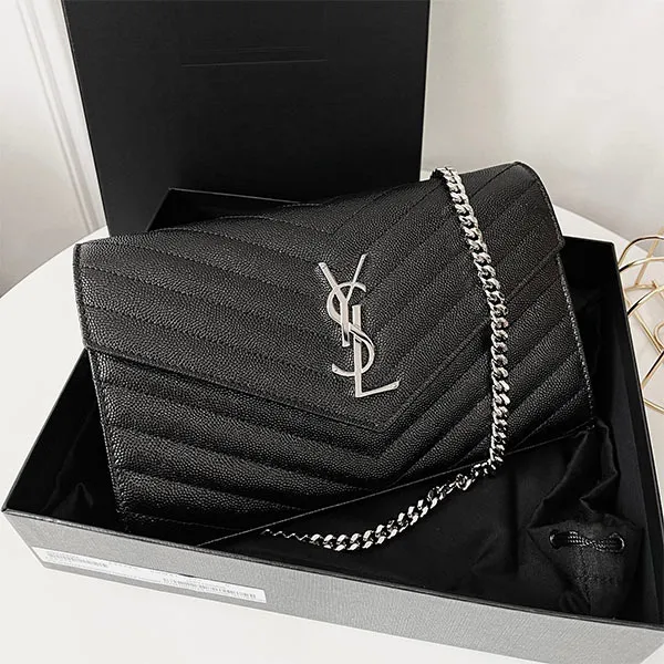 Túi Đeo Chéo Nữ Yves Saint Laurent YSL Wallet On Chain Silver Màu Đen Khóa Bạc Size 19 - Túi xách - Vua Hàng Hiệu