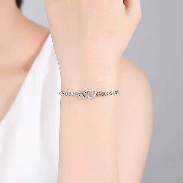 Vòng Đeo Tay LiLi Jewelry Cặp Trái Tim Alvin Đính Đá CZ Lili_267729 Màu Bạc