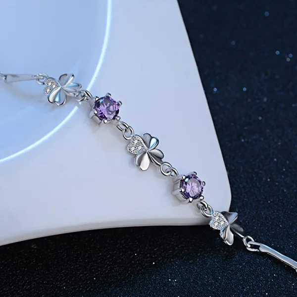 Vòng Đeo Tay LiLi Jewelry Cỏ Bốn Lá Mạ Bạch Kim Đính Đá Cz Lili_612672 Màu Tím - Trang sức - Vua Hàng Hiệu