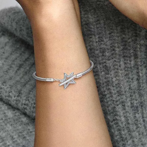 Vòng Đeo Tay Nữ Pandora Moments Asymmetric Star T-bar Snake Chain Bracelet 592357C01 Màu Bạc Size 18 C_QP