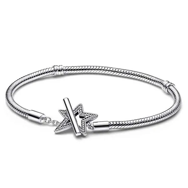 Vòng Đeo Tay Nữ Pandora Moments Asymmetric Star T-bar Snake Chain Bracelet 592357C01 Màu Bạc Size 18 C_QP
