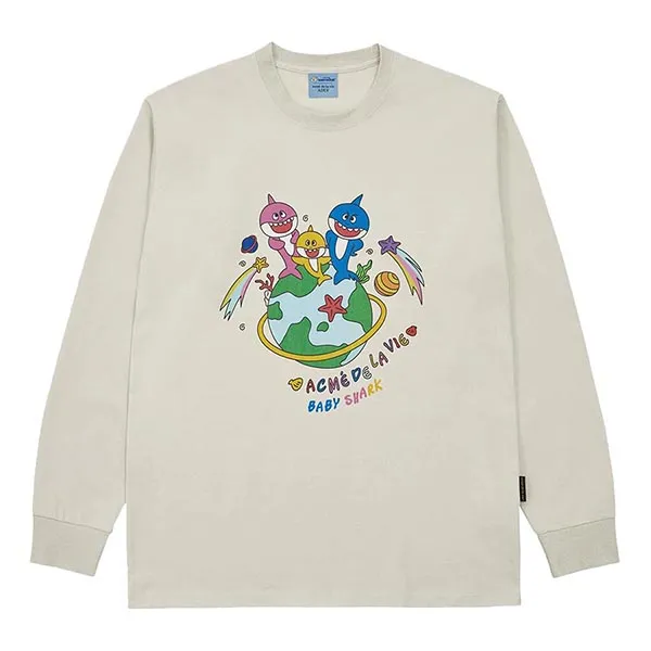 Áo Nỉ Sweater Acmé De La Vie ADLV x Pinkfong Baby Shark - Worldwide Family Long Sleeve T-Shirt Màu Trắng Đục